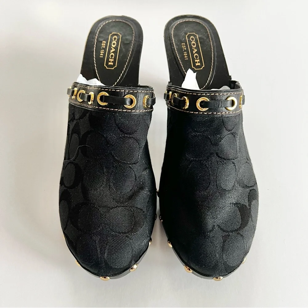 Coach Monogram C Black Heeled Mules with studded accents Size 10